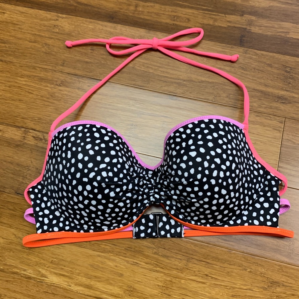 Victoria's Secret The Getaway Swim Top 36B Black White Polka Dot Hot Pink Halter